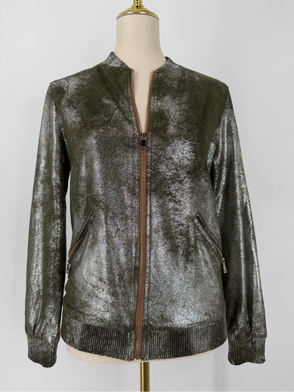 Zara, Olive/Metallic Bomber Jacket, Size XS - Picture 8 of 15